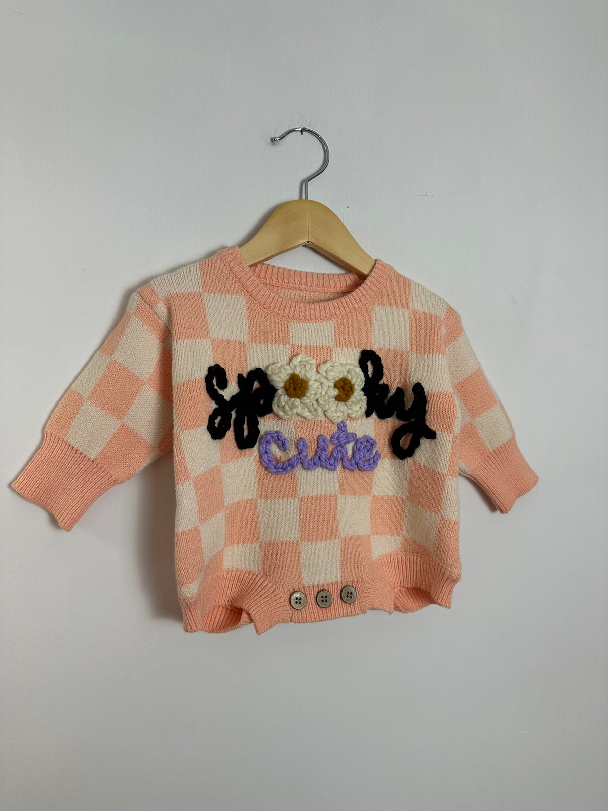 RTS 0-3 mo pink check romper- “spooky cute”