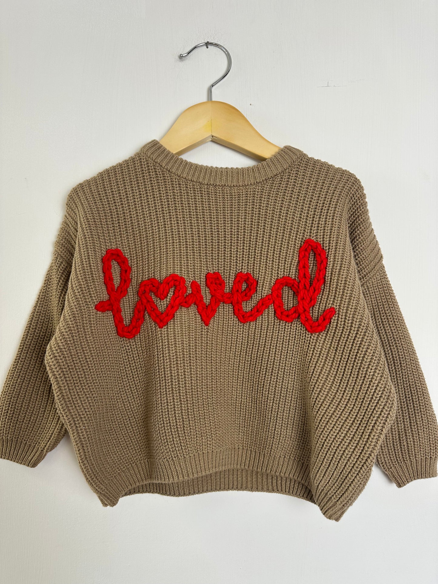RTS 12-18 months “loved” - brown sweater