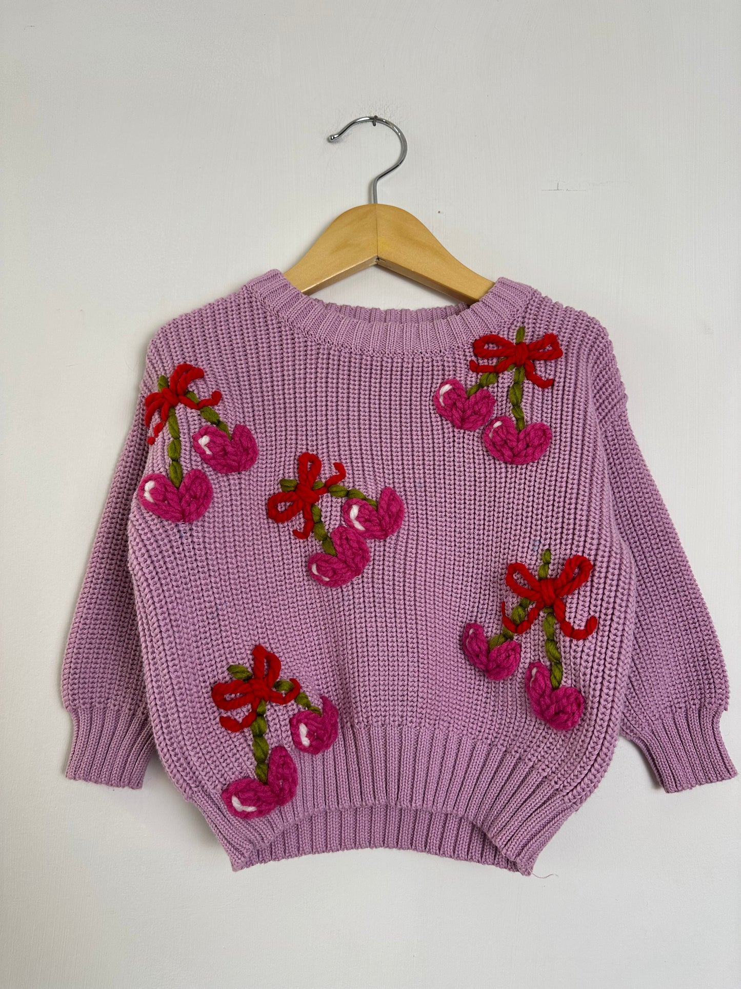 RTS 6-12 months heart cherries- orchid sweater