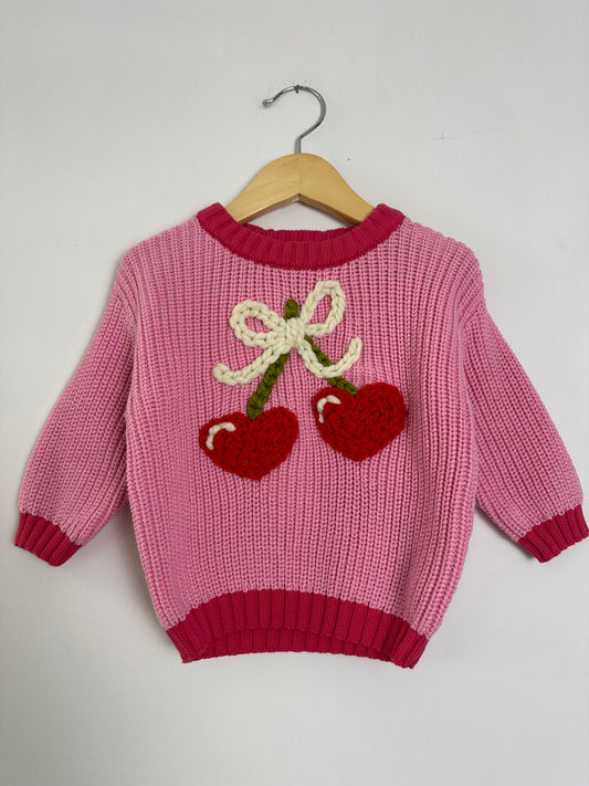 RTS 3-6 months heart cherries- bubblegum sweater