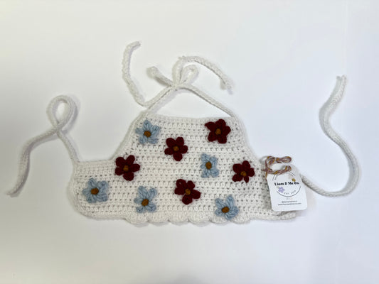 RTS 3-12 months crocheted top w/ red and blue flowers