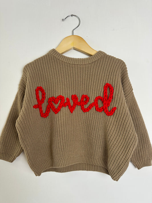 RTS 12-18 months “loved” - brown sweater