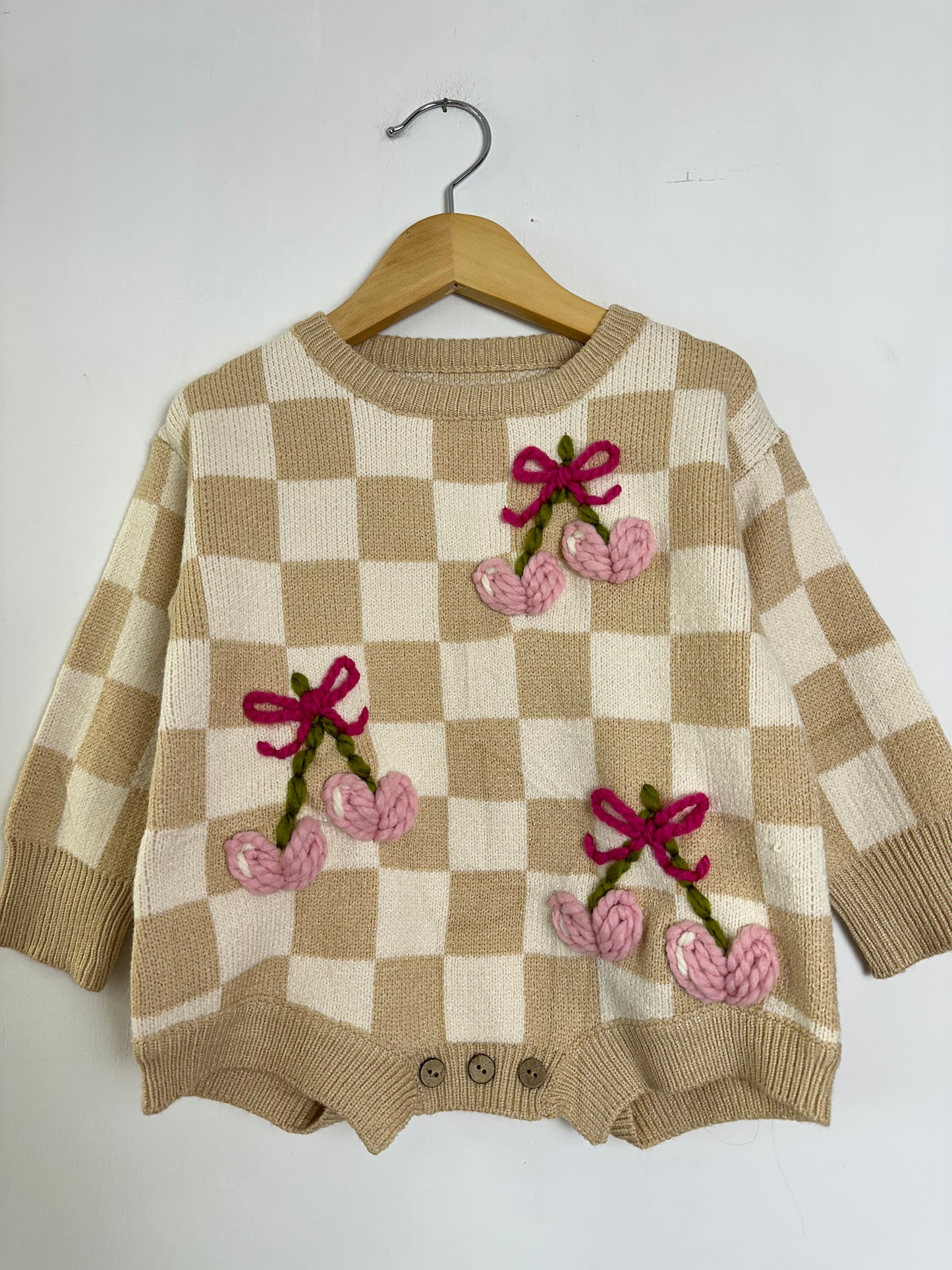 RTS 12-18 months pink heart cherries- tan check romper