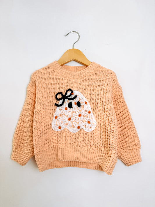 RTS 2T peach sweater w/ daisy ghost