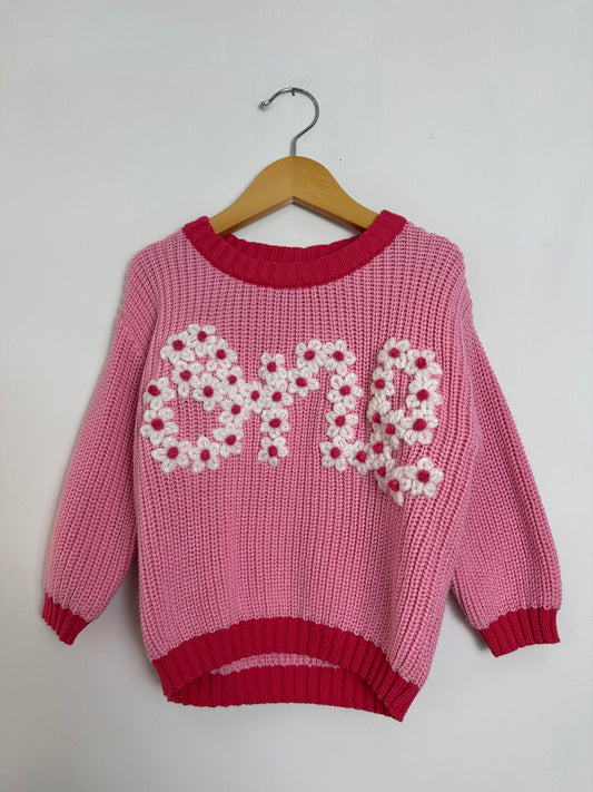 “one” birthday bubblegum sweater- 12-24 mo