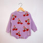 RTS 2T violet romper w/ heart cherries