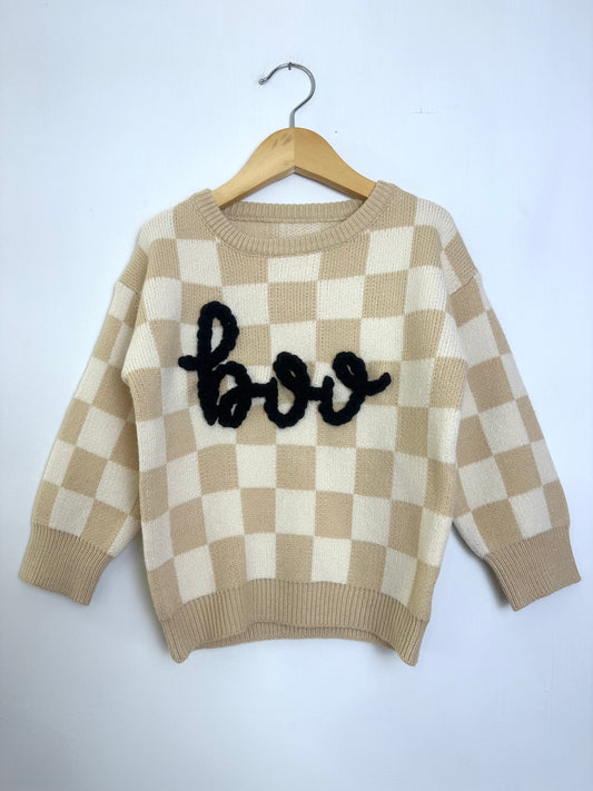 RTS 3-4T tan checkered sweater w/ “boo”
