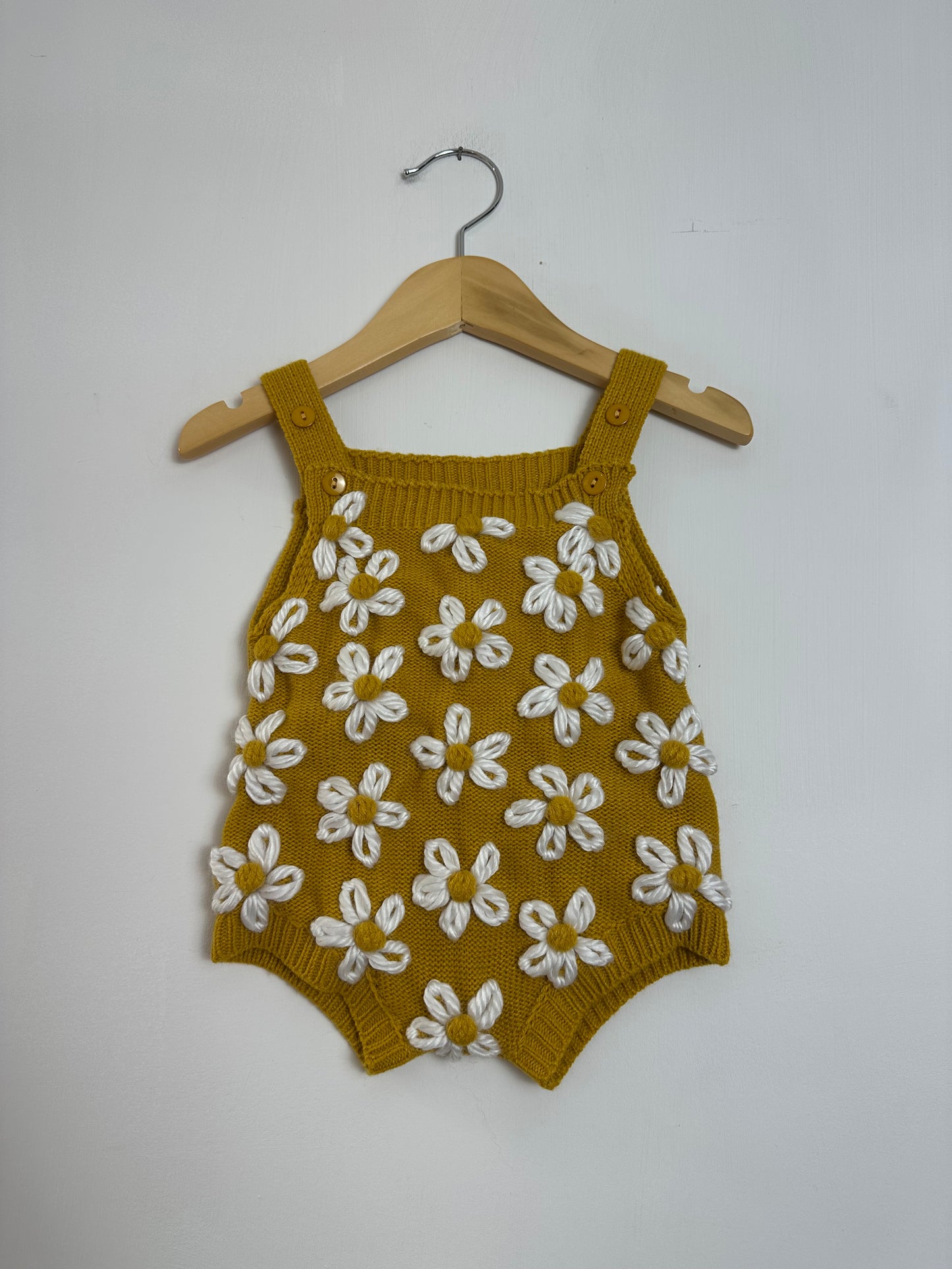 flower mustard summer romper- 3-6 mo.