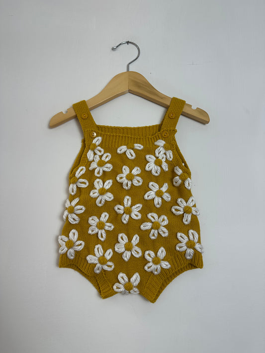 flower mustard summer romper- 3-6 mo.